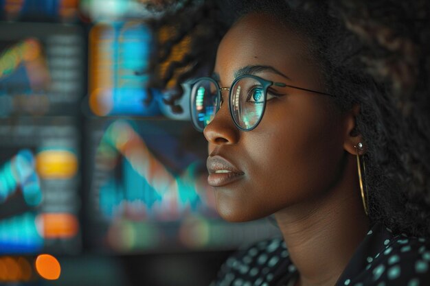 Getalenteerde Afro-Amerikaanse beursbelegger werkt aan een desktopcomputer Daghandelbedrijf deelt waardevolle technologische investeringen Communicatie met klanten Portret van een vrouwelijke specialist