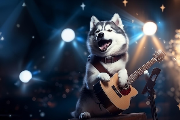 Getalenteerde hond professionele muzikant die optreedt in neonlicht het concept van muziek hobby festival moderne kunst collage kopieerruimte