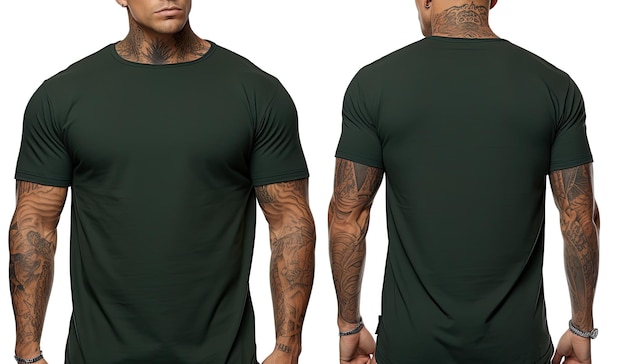 Getatoeëerde man met lege groene t-shirt met ruimte voor uw logo of ontwerp voor- en achteraanzicht Mannelijk model draagt een donker askleurige t-shirt met halve mouwen op een witte achtergrond AI gegenereerd