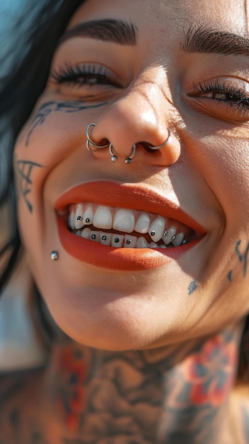 Getatoeëerde vrouw met zilveren tandgrill en rode lippenstift