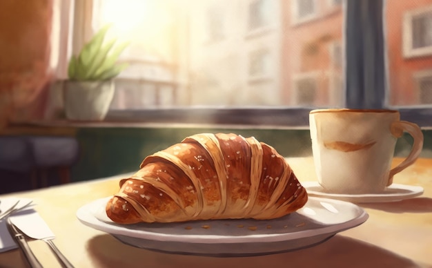 getekende croissant op café achtergrond aquarel gebak biologisch voedsel illustraties ai gegenereerd