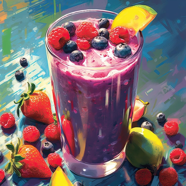 Getekende fruitsmoothie in een glas glazen close-up op een gekleurde achtergrond Generatieve ai