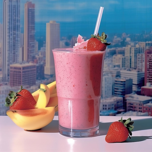 Getekende fruitsmoothie in een glazen glazen close-up op de achtergrond van de stad Generatieve ai