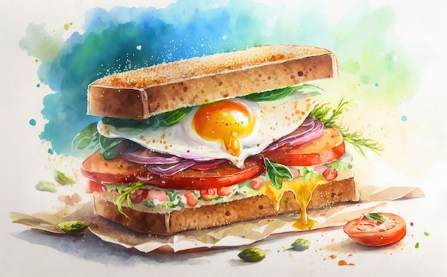 Getekende verse gezonde sandwich voor ontbijt aquarel ontbijt voedsel illustraties ai gegenereerd