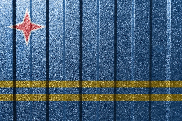 Getextureerde vlag van Aruba op metalen wand Kleurrijke natuurlijke abstracte geometrische achtergrond met lijnen