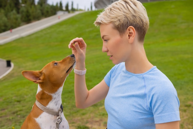 Getrainde intelligente hond die voedsel van mensen neemt