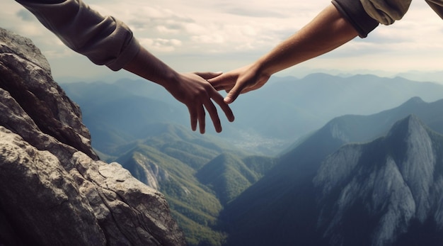 Foto ottenere una mano con due persone che si curano a vicenda per arrampicarsi sulla cima della montagna