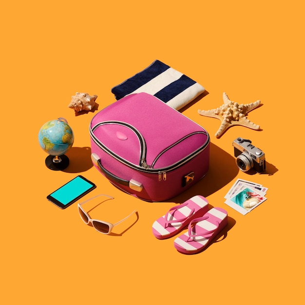 Getting ready for summer vacations suitcase and isometric travel accessories blank copy space