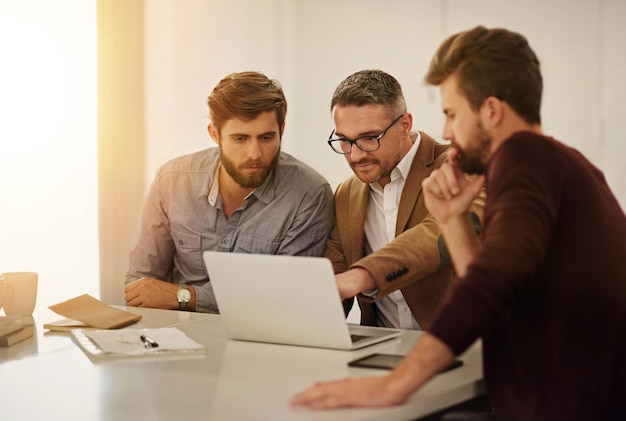 Getting a second opinion Cropped shot of three businessmen looking at a laptop in the boardroom