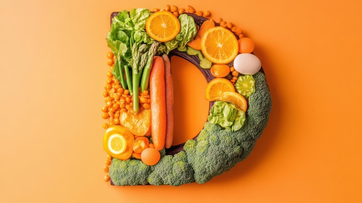 Photo getting your daily dose vitamin d food sources shaped as letter d concept
