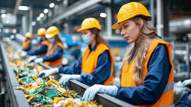 Foto getuige-arbeiders in beschermende uitrusting die vuilnis sorteren in een hightech-fabriek