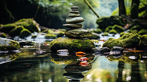 Foto getuige van de serene schoonheid van een evenwicht van stenen in een stromende rivier