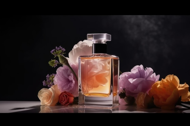 geurconcept gemaakt met parfumflesje en bloemen generatieve AI