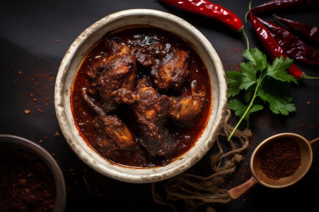 Geurige Adobo-saus in een schaal met gedroogde Ancho-chili voor een smakelijke verrassing