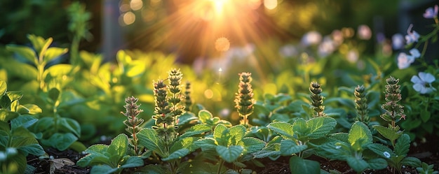 Geurige kruiden bloeien in een kleine tuin met behang