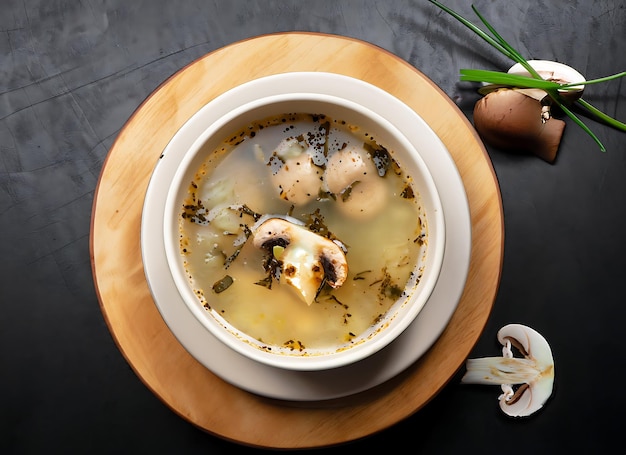 geurige soep van witte paddenstoelen in een schaal op een ronde houten stand top view zwarte achtergrond