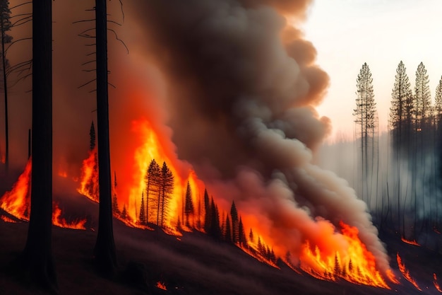 Gevaarlijke bosbrand Brandende vlammen in het bos Gecontroleerde verbranding Bomen in rook