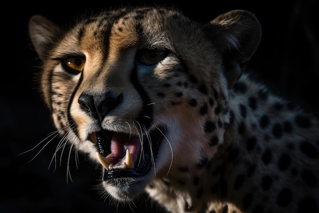 Gevaarlijke cheetah komt tevoorschijn uit de nachtschaduw en likt zijn mond generatieve IA