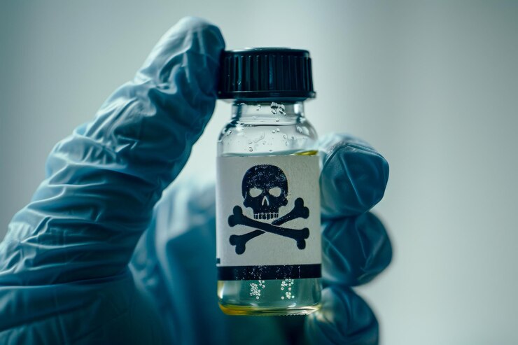 Gevaarlijke chemische stof in een fles met handschoenen tegen een neutrale achtergrond