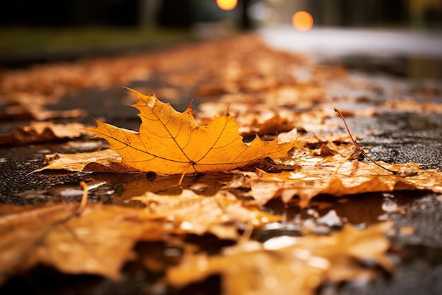 Gevallen esdoornblad op nat asfalt in de herfst