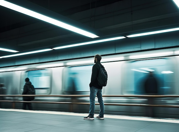 Gevangen in lange belichtingstijd Eenzame jongeman bij metrostation Wazige trein en voetgangers in beweging