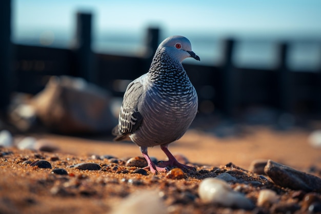 Foto gevederde bezoekduif op het zand aan de kust met de zee