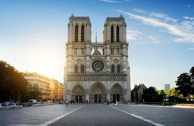 Gevel van de Notre Dame de Paris in de ochtend, Frankrijk