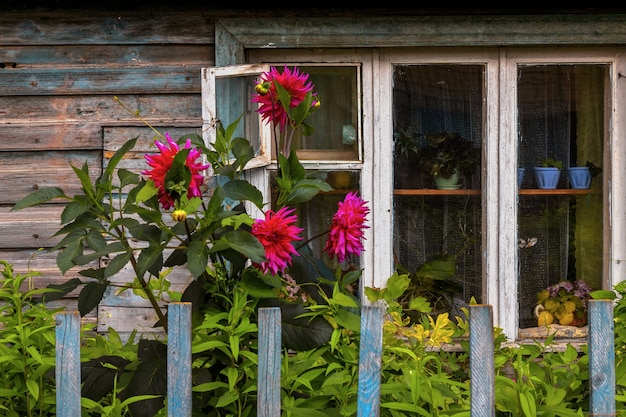 Gevel van een traditioneel oud huis in Kostroma Oud raam De voortuin