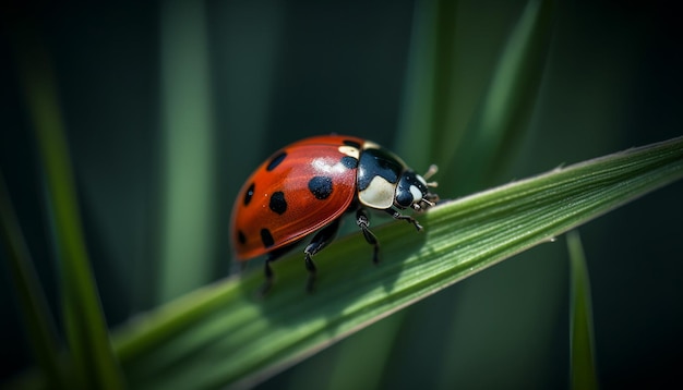 Gevlekt lieveheersbeestje kruipt op groene bladmacro gegenereerd door AI