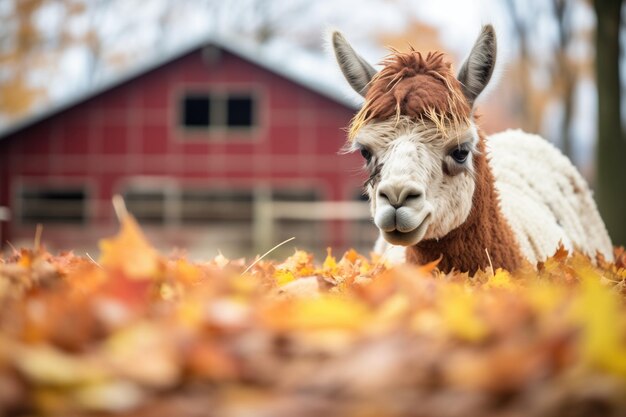 Foto gevlekte alpaca bij de schuur met herfstbladeren