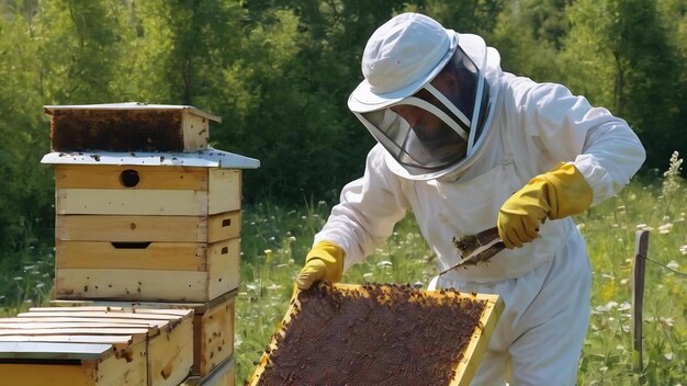 Gevleugelde bij vliegt langzaam naar de bijenhouder en verzamelt nectar op een privé bijenstal van levende bloemen bijenstal consi