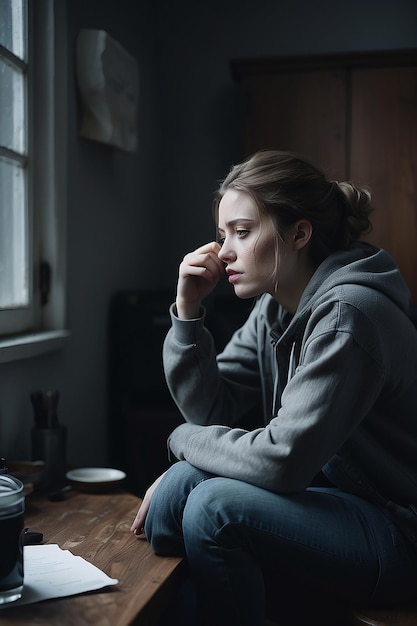 Gevoel van depressie concept Close Up portret van ongelukkige bedachtzame vrouw die in de verte kijkt