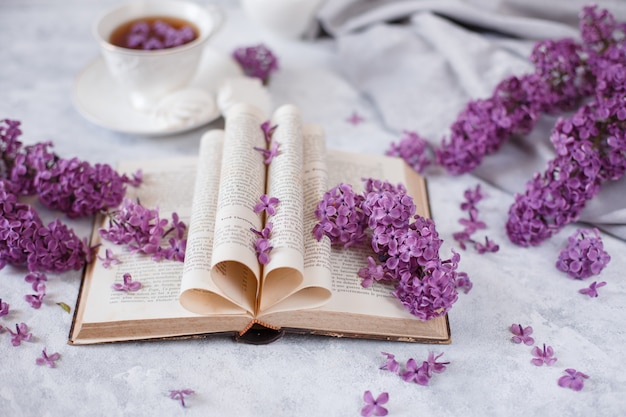 Gevouwen pagina's van een oud Frans boek met takken van bloeiende lila en bloemblaadjes
