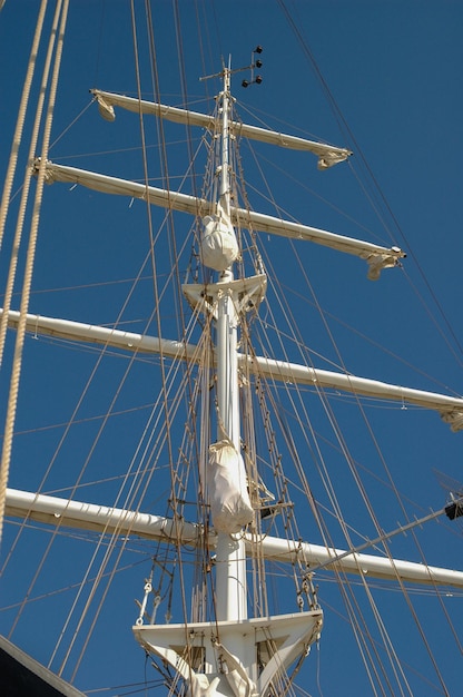 Gevouwen zeilen op scheepsmast op blauwe hemelachtergrond