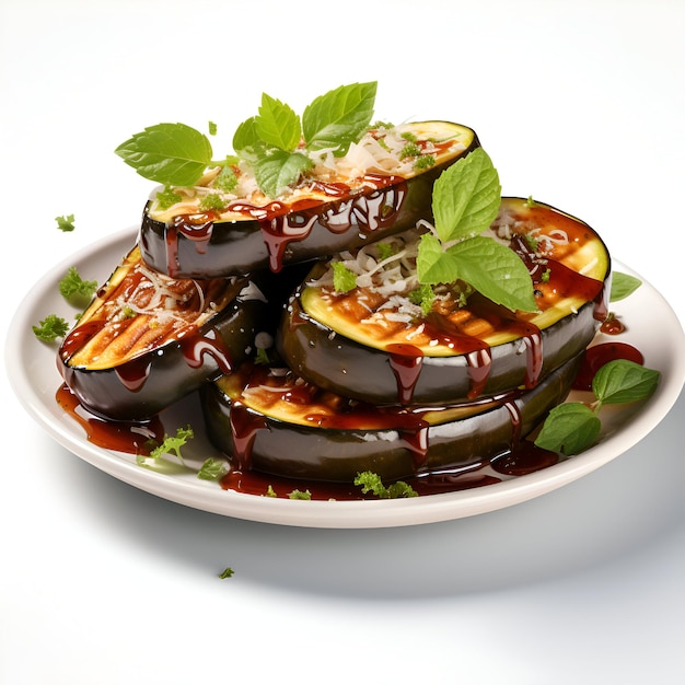 Gevulde aubergine met saus en parmesan op witte achtergrond