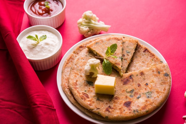 Gevulde bloemkool of Gobi Paratha is een Indiase flatbread. favoriete ontbijt- of lunchmenu in Noord-India, geserveerd op een humeurige achtergrond met wrongel en tomatenketchup in een kom