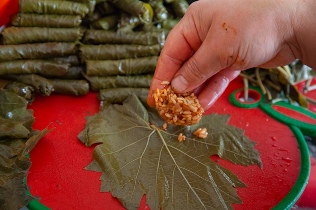 Gevulde Druivenbladeren. Bereiding van Dolma van druivenbladeren. Traditionele Turkse maaltijden