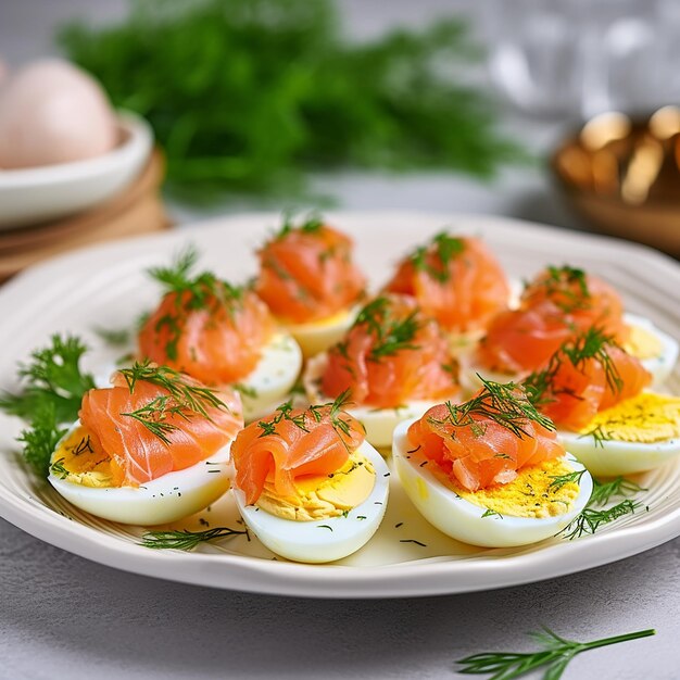 Foto gevulde eieren met zalm op een bord