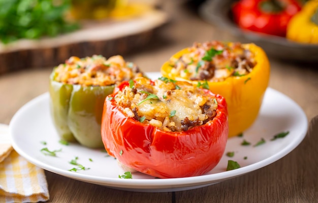 Gevulde paprika helften paprika gevuld met rijst gedroogde tomaten, kruiden en kaas in een ovenschaal op een blauwe houten tafelblad weergave Turkse naam biber dolmasi