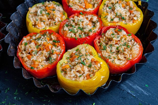 Foto gevulde paprika of stoofpeper met rijst en gehakt.