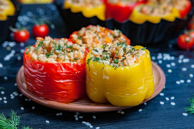 Gevulde paprika of stoofpeper met rijst en gehakt.