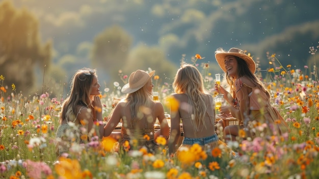 Gewaardeerde ogenblikken Nauwe vrienden die verhalen delen en toasten in een weelderig bloemenveld