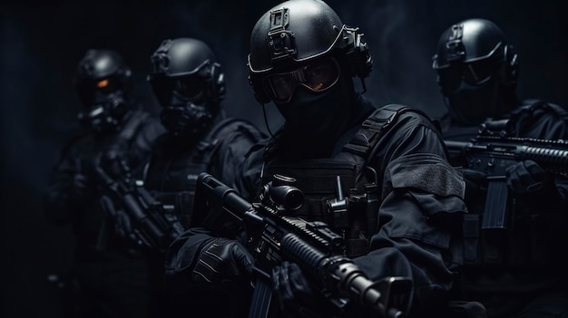 Gewapende Special Forces-groep op een donkere achtergrond Recht en ordebeschermingsconcept