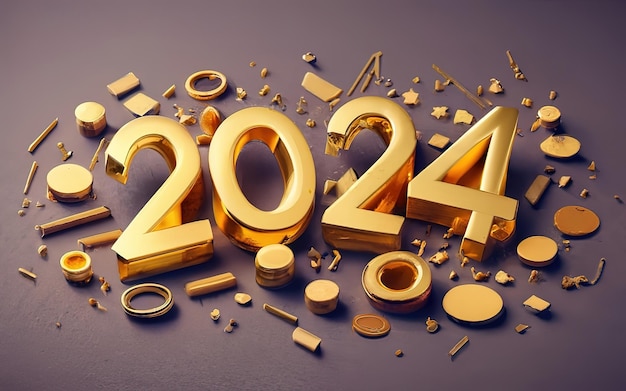 Geweldig Gelukkig nieuwjaar 2024 met glanzende 3D gouden cijfers geïsoleerd