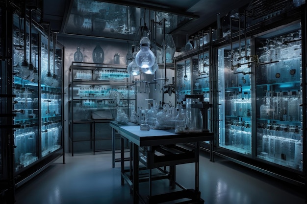 Geweldig laboratorium met ingewikkeld glaswerk en unieke wetenschappelijke apparatuur zichtbaar gemaakt met gen