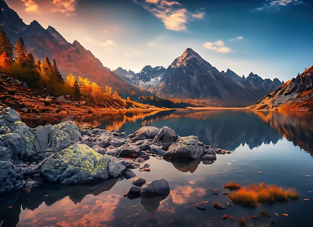 Foto geweldig natuurlandschap prachtig landschap met hoge tatra bergtoppen stenen in het bergmeer