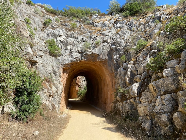 Geweldig pad om te wandelen of te fietsen Oude spoorlijn die steenkool van mijnen naar de Thermo-elektrische Power Station, Nationaal park Portugal, vervoerde