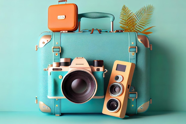 Geweldige camera met reiskoffer en reisaccessoires op blauwe reislust als achtergrond en