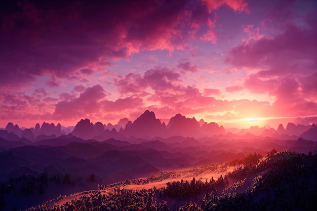 Geweldige scène met bergen Zonsopgang vanaf de top van de berg Prachtig landschap in de bergen bij zonsopgang