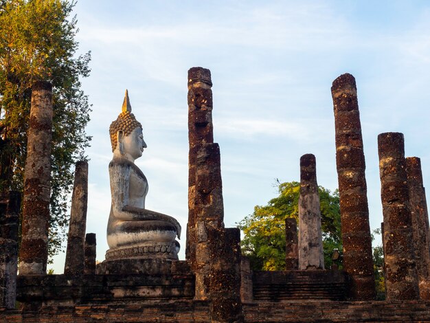 Geweldige scène van een groot Boeddhabeeld en oude oude ruïnes in de Wat Mahathat-tempel in het district Sukhothai Historical Park, een UNESCO-werelderfgoed in Thailand.